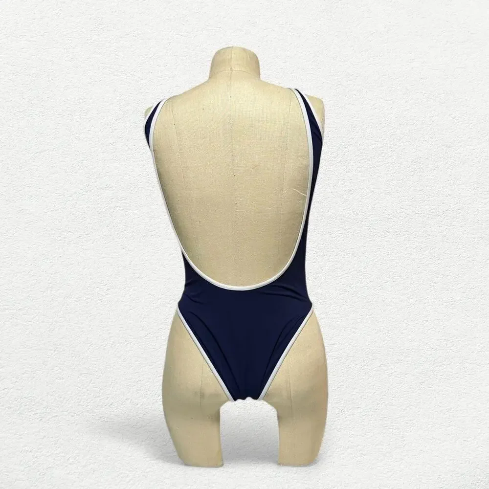 Sporty & Rich Carla Open Back One Piece Swimsuit in Navy Blue & White